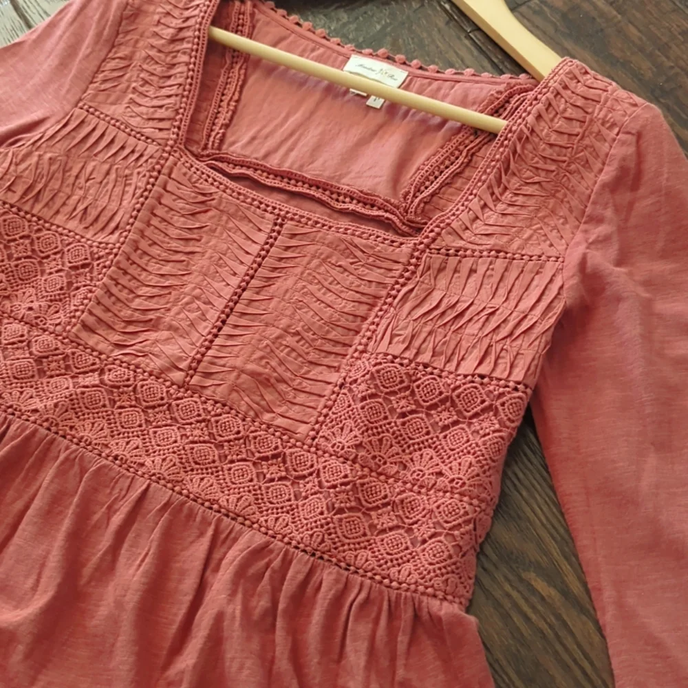 ANTHRO I Terra Cotta Nosara Crochet Lace Peplum Shirt Top by Meadow Rue, S
